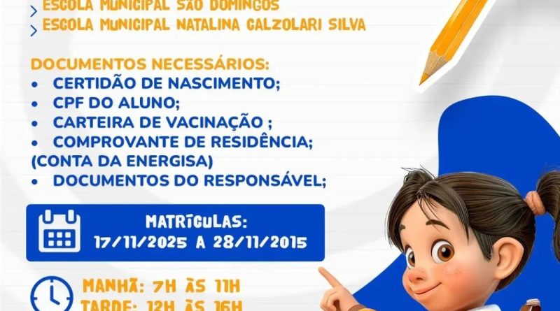 Matrículas abertas para a Educação Infantil nas escolas de Santo Antônio do Aventureiro